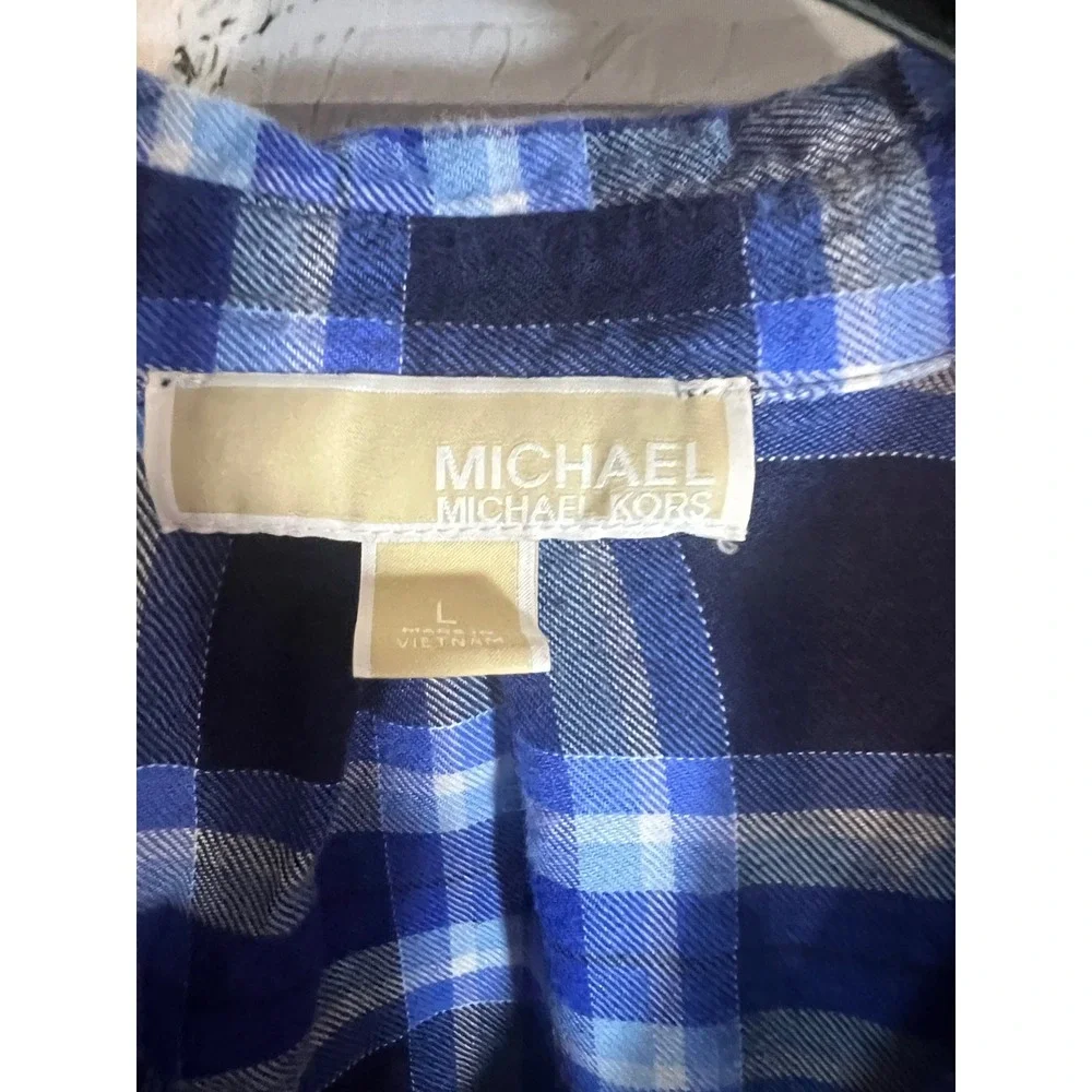 Michael Kors Womens Blue Plaid Quarter Zip Roll Tab Sleeve Top Size Large